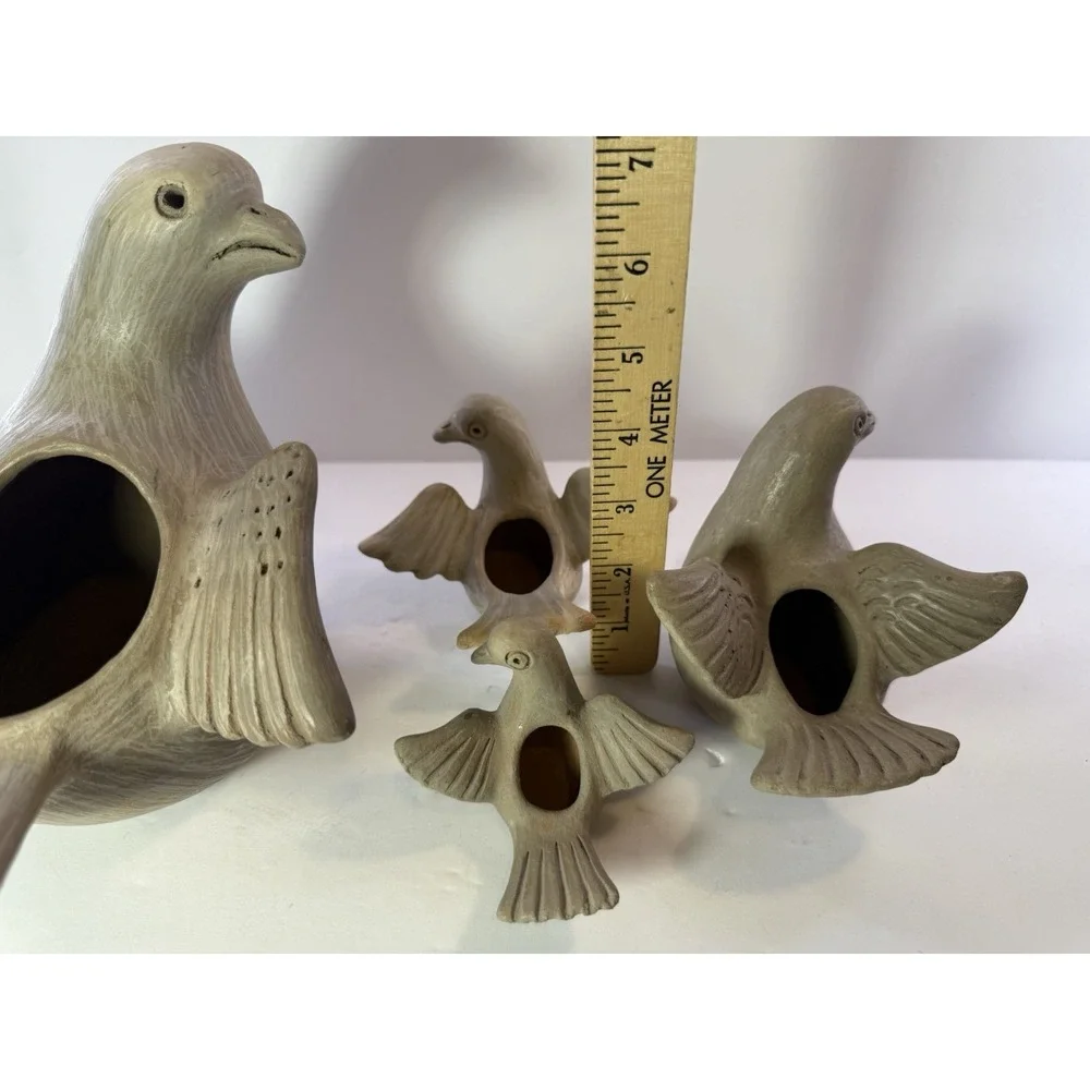 Vintage Mexican Pottery Dove Bird Family Planter Set of 4 Folk Art Clay Decor